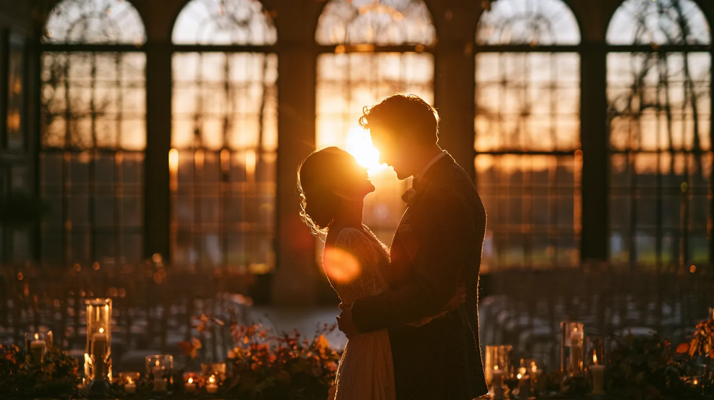 Un couple de mariés s'embrasse en riant sous une orangerie vitrée un après-midi d'automne, lumière dorée aux fenêtres et rangs de chaises derrière eux