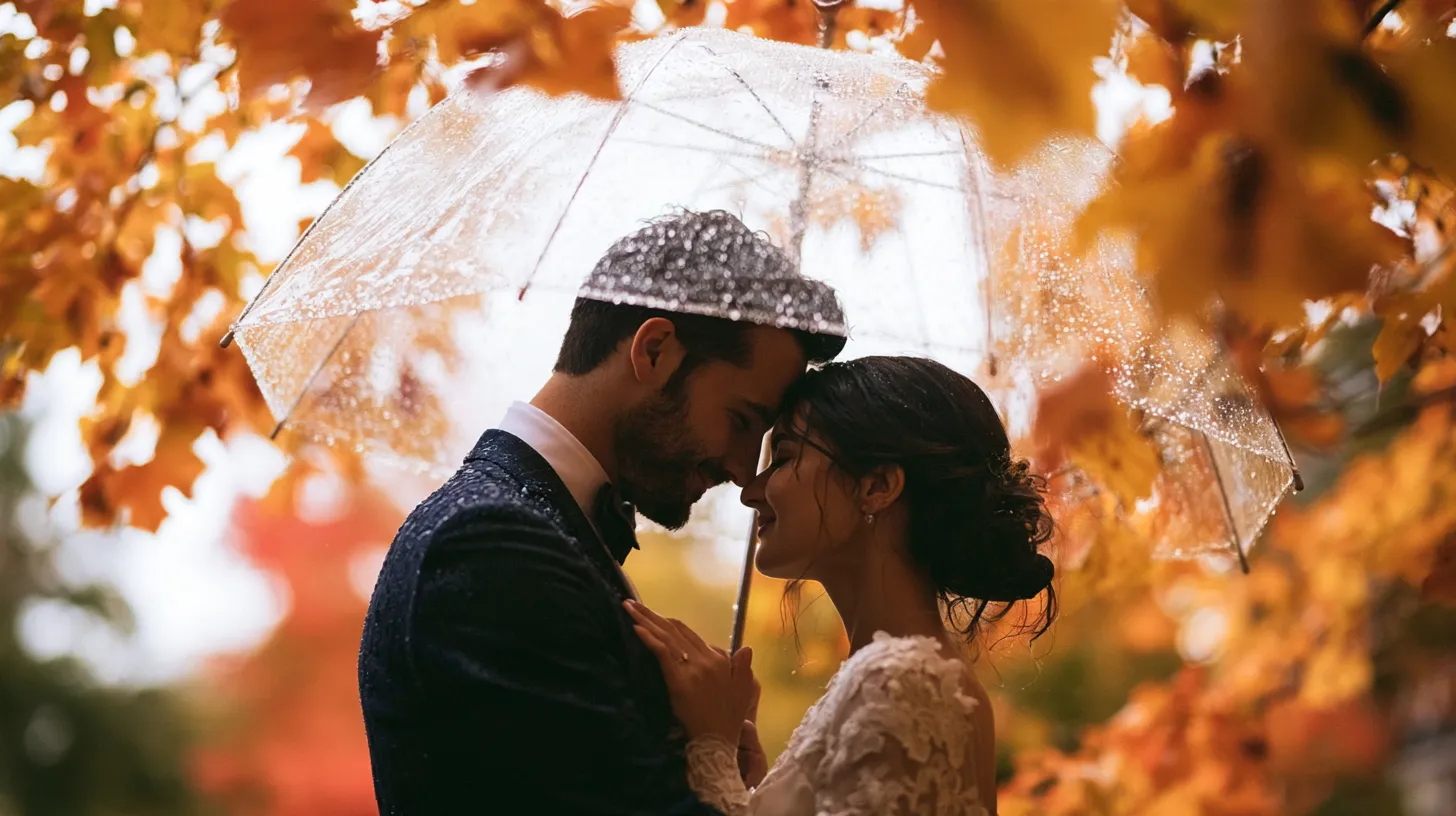 Des mariés rient sous une pluie fine, abrités par de jolis parapluies transparents, invités et lieu de réception flous en arrière-plan